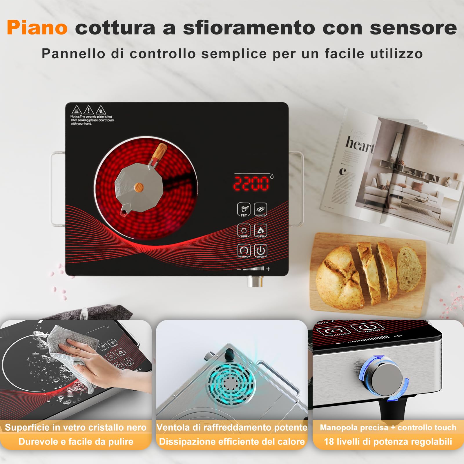 Fornello Elettrico 1 Piastra in Vetroceramica 2200W, Portatile Singolo Fornello Elettrica con Timer, Controllo Touch, 18 Livelli di Potenza