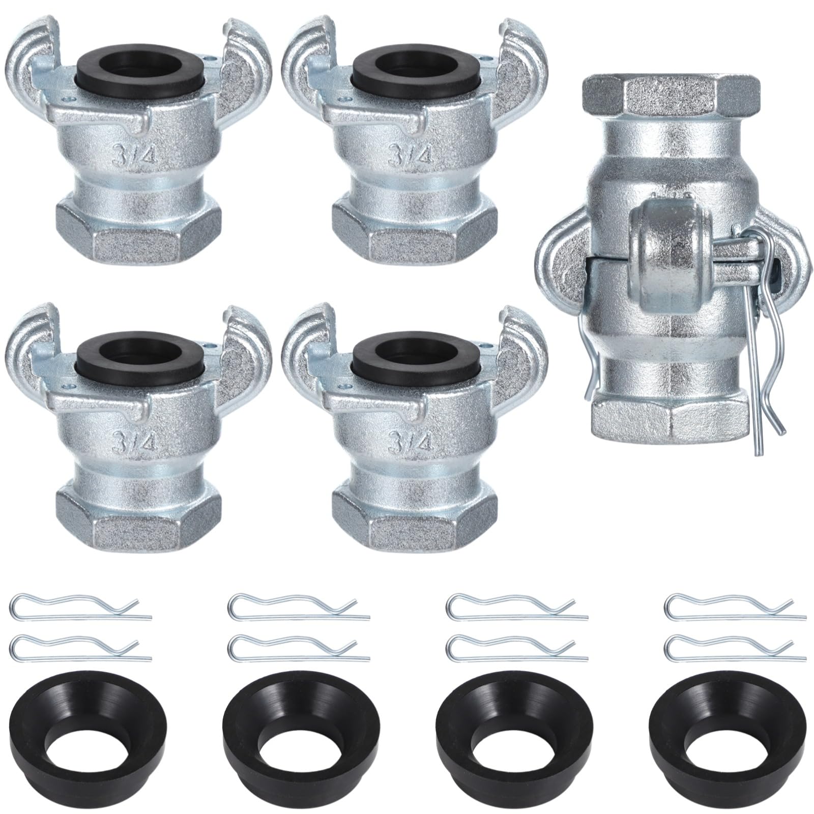 NPT Iron Air Hose Fittings, 4 Sets 3/4 Inch Female End Chicago Fitting, Universal Hose Coupling, Air Hose Fitting Set with Safety Clips & Spare Rubber