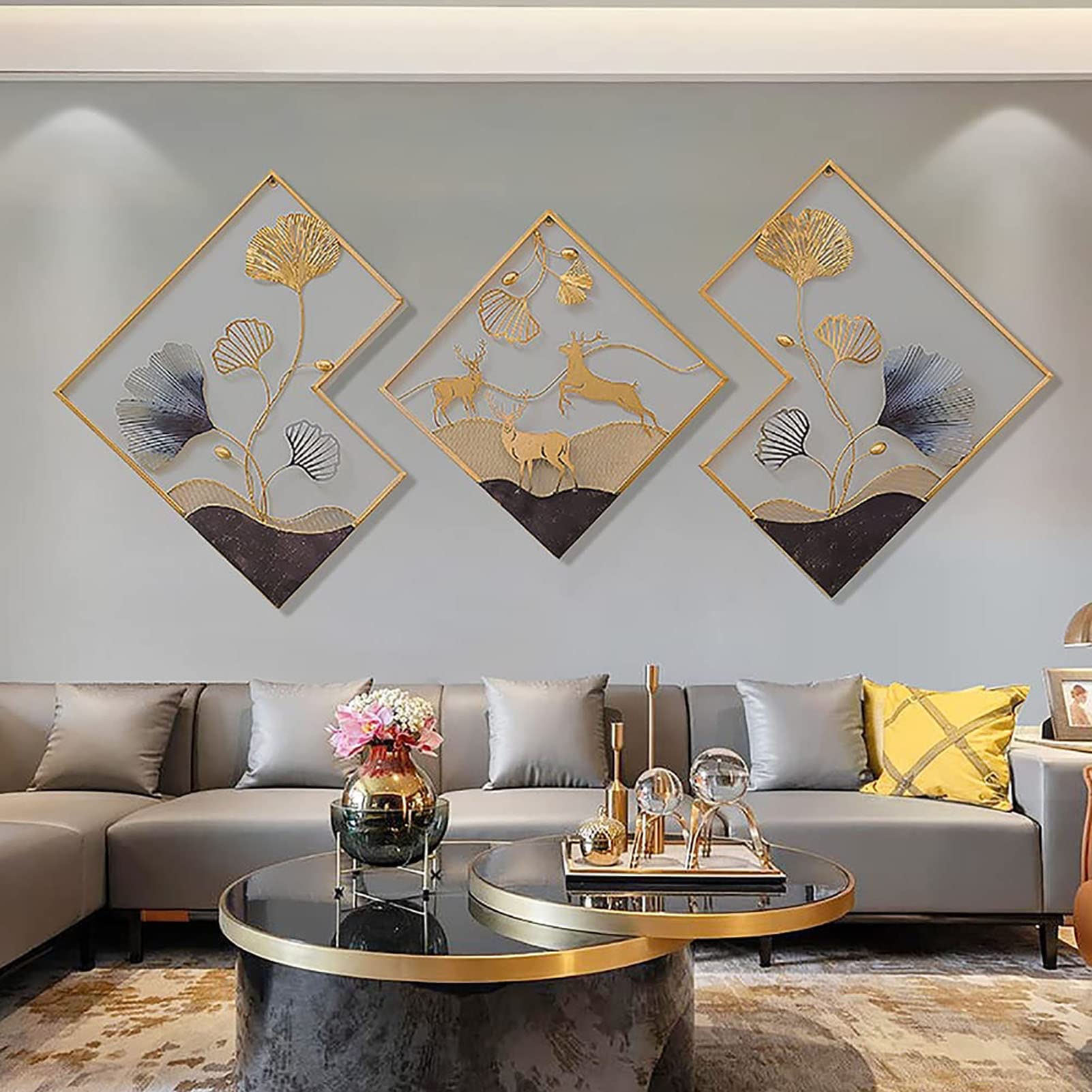 TROONZ 3pcs Ginkgo Biloba Decoraciones del Arte, 3D Decoración de Pared de Metal, Escultura de Metal Hierro Decoración del Hogar, 67 * 28 in