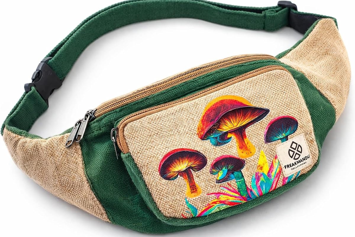 Freakmandu Eco-Friendly Boho Hippie Style Mushroom Hemp Fanny Pack Hip Waist Bag for Hiking Running Jogging Cross Body