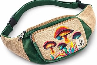 Freakmandu Eco-Friendly Boho Hippie Style Mushroom Hemp Fanny Pack Hip Waist Bag for Hiking Running Jogging Cross Body