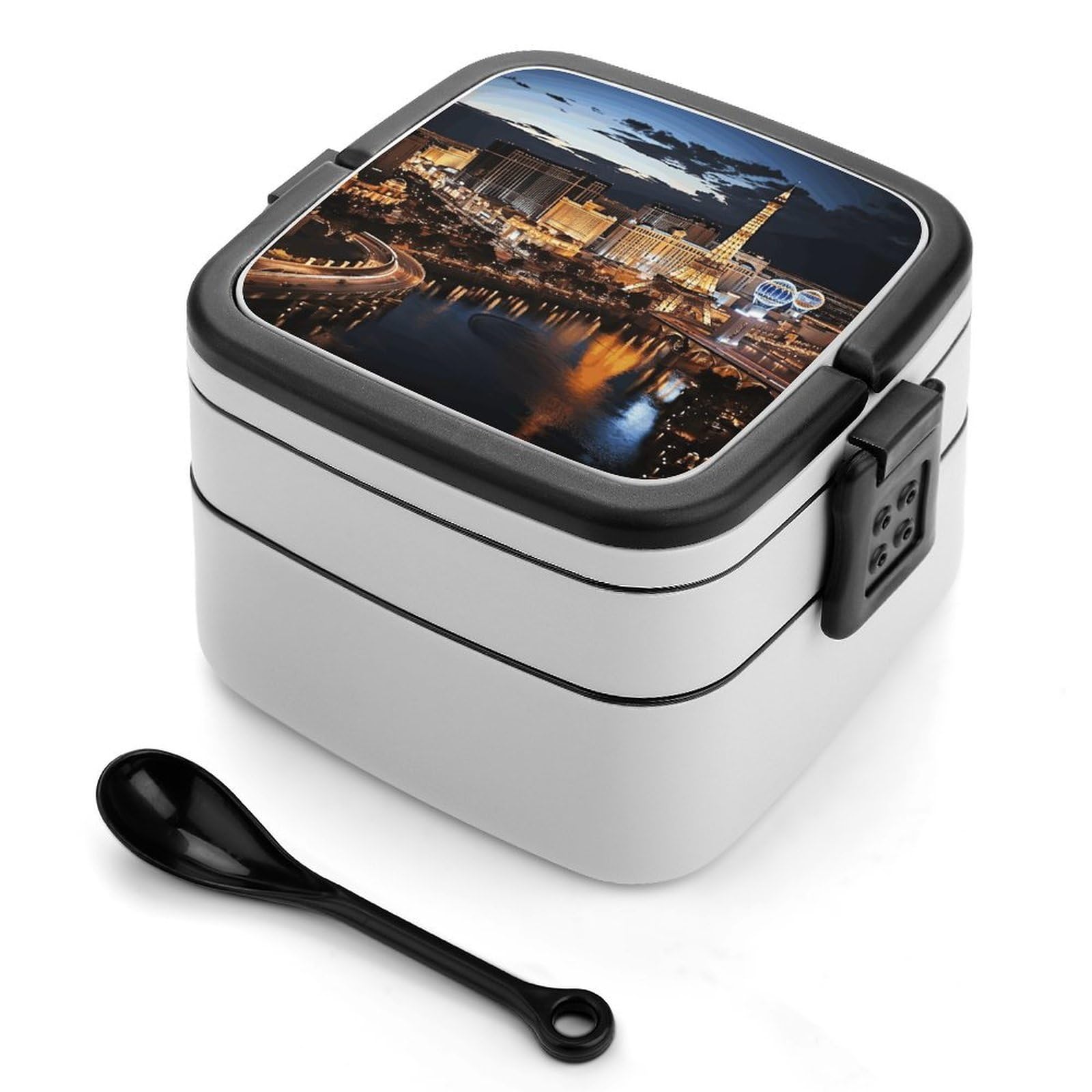 VstaDank Las Vegas Night View Bento Box Portable Adult Lunch Box with 2 Layer&Spoon Reusable Insulated Lunchbox Large Food Containers Leak Proof Lunch Containers for Work Camping Meal Prep