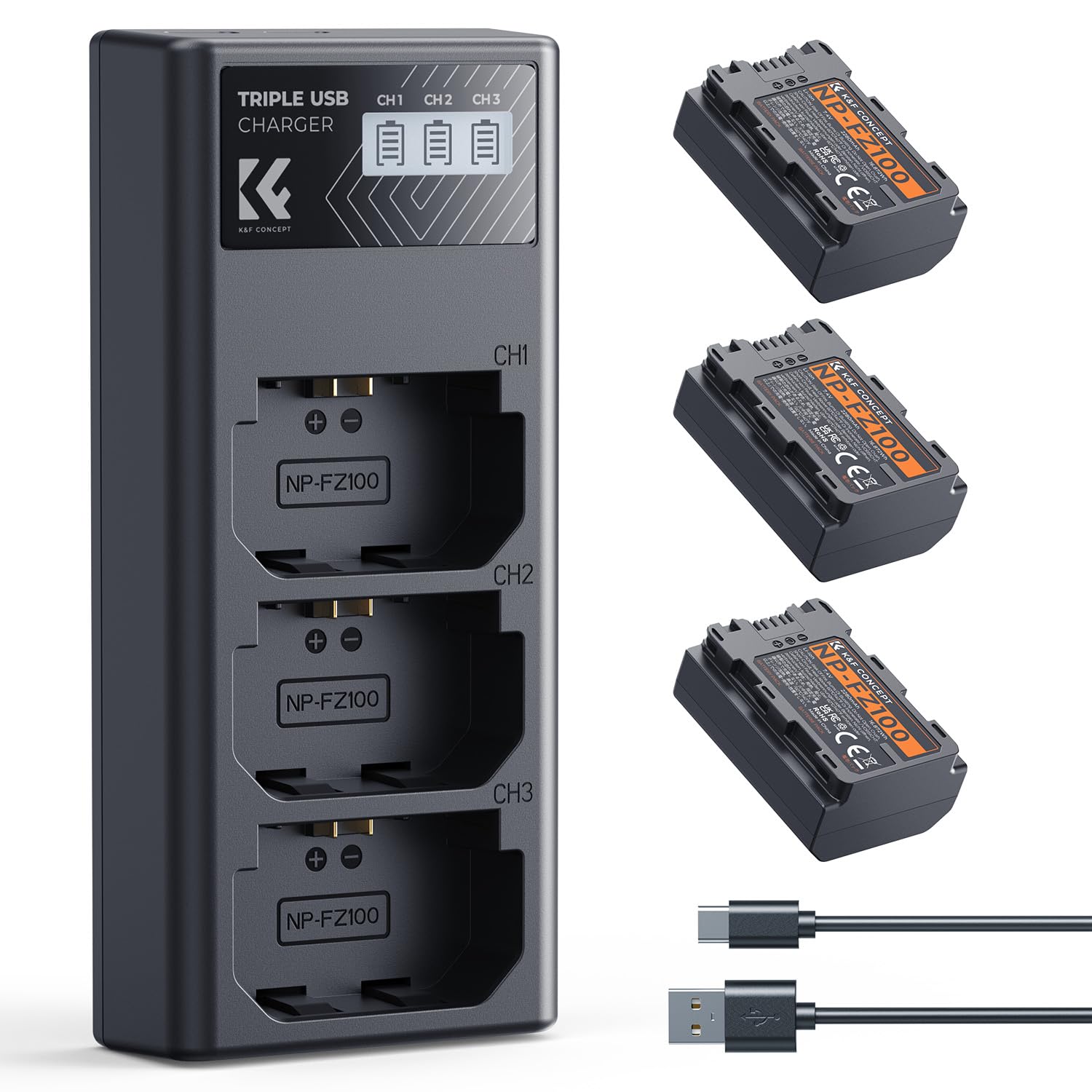 K&F CONCEPT NP-FZ100 Batterie et Chargeur à Trois Slot, 3 X 2280mAh Remplacement Batterie pour Sony A7iii, A7iv, A7C, FX3, FX30, A9, A6600, A6700, ZV-E1, ZV-E10ii, Alpha 9, A9S, A7R III, A7R IV, A7RV