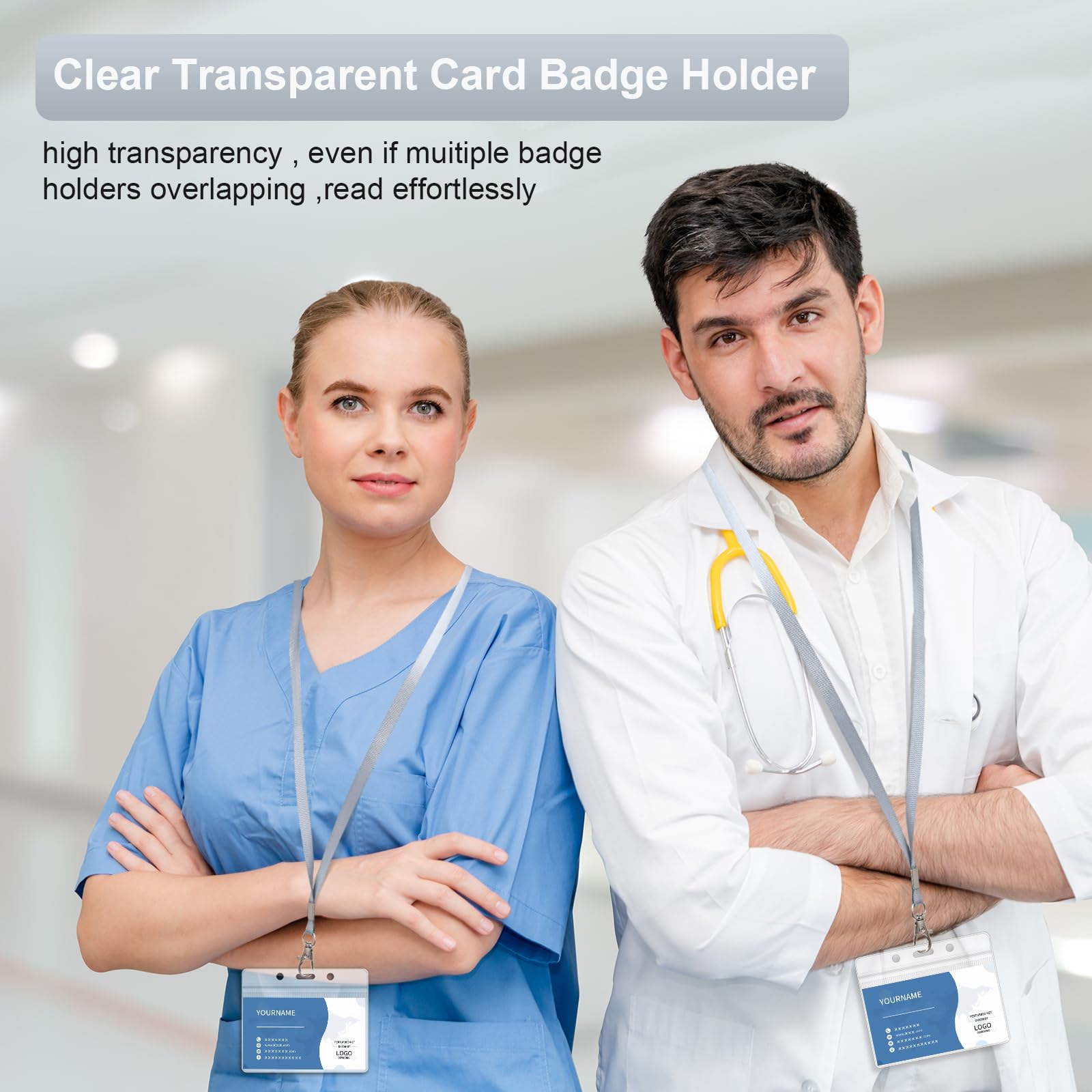 Lot de 100 cordons pour badges d'identité avec étiquettes transparentes – Cordons réutilisables – Porte-badges horizontaux en plastique pour hommes, femmes, enfants, affaires, école et bureau (gris)