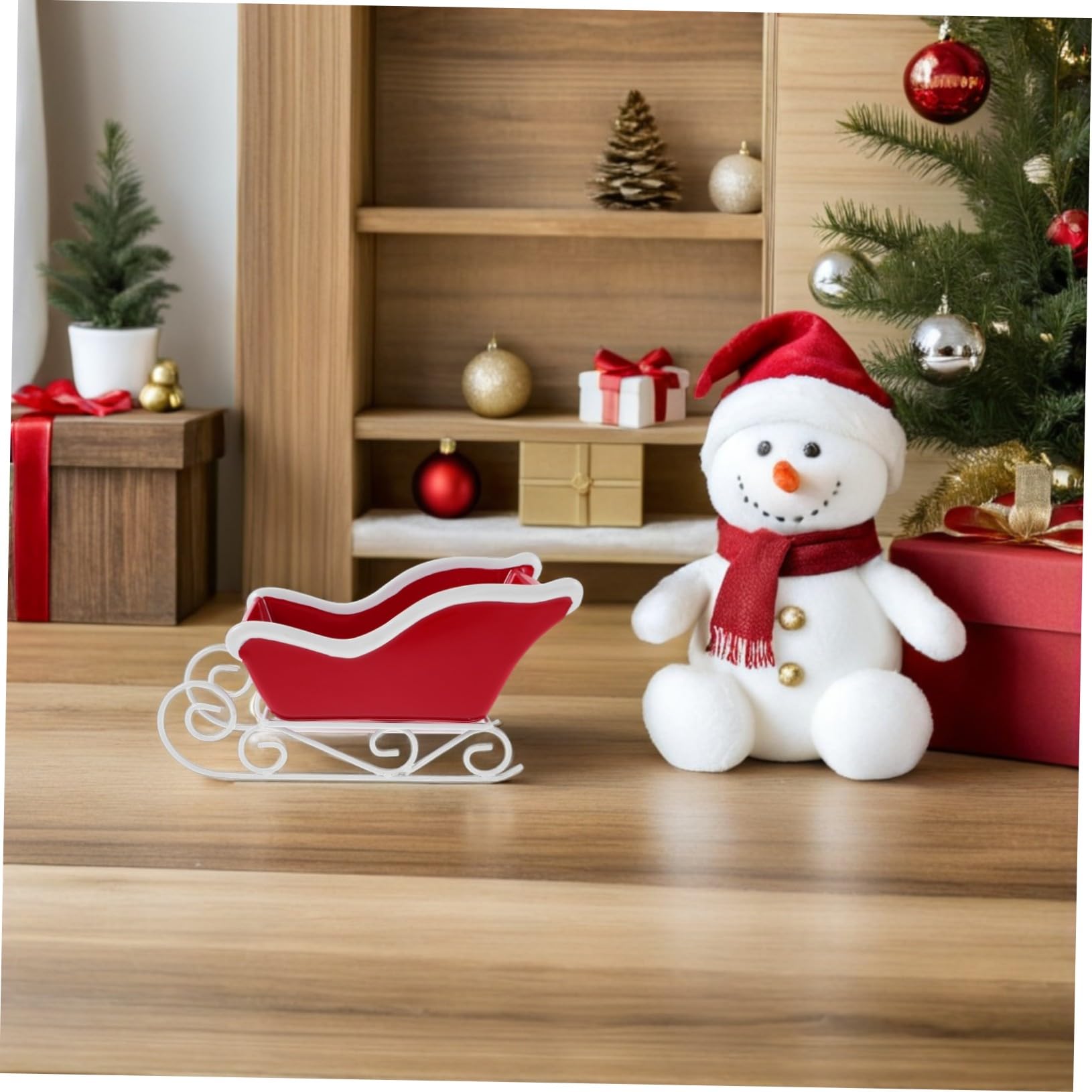 Vintage Weihnachts-Schlitten Deko mit Rotem und Sockel Wetterfeste Weihnachtsdekoration für Tisch und Arbeitsplatz Festlicher Schlitten für Geschenkpräsentation und DIY-basteln