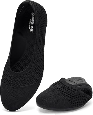 Puxowe Womens Ballet Flats, Breathable Knit Slip-On Flats for Women, Comfortable Dress Shoes with Arch Support, Foldable Ballerina Shoes for Work Travel