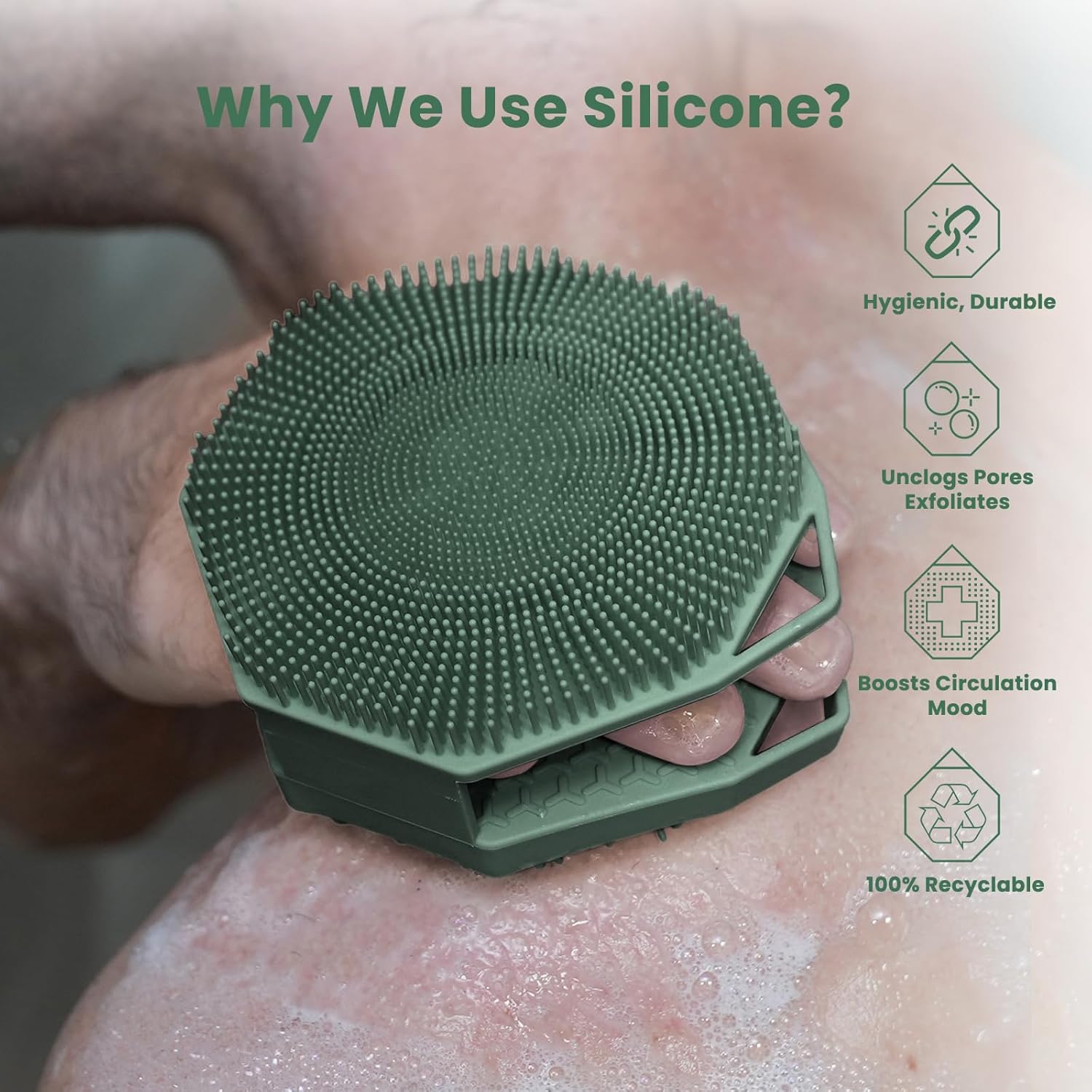 iTokGok® Premium 2-in-1 Silver-Infused Silicone Body Scrubber for Men, Double-Sided Design Body Brush Silicone Body Scrubber Exfoliating Body Brushes for All Skin, Lathers Well - Midnight Green - Image 3