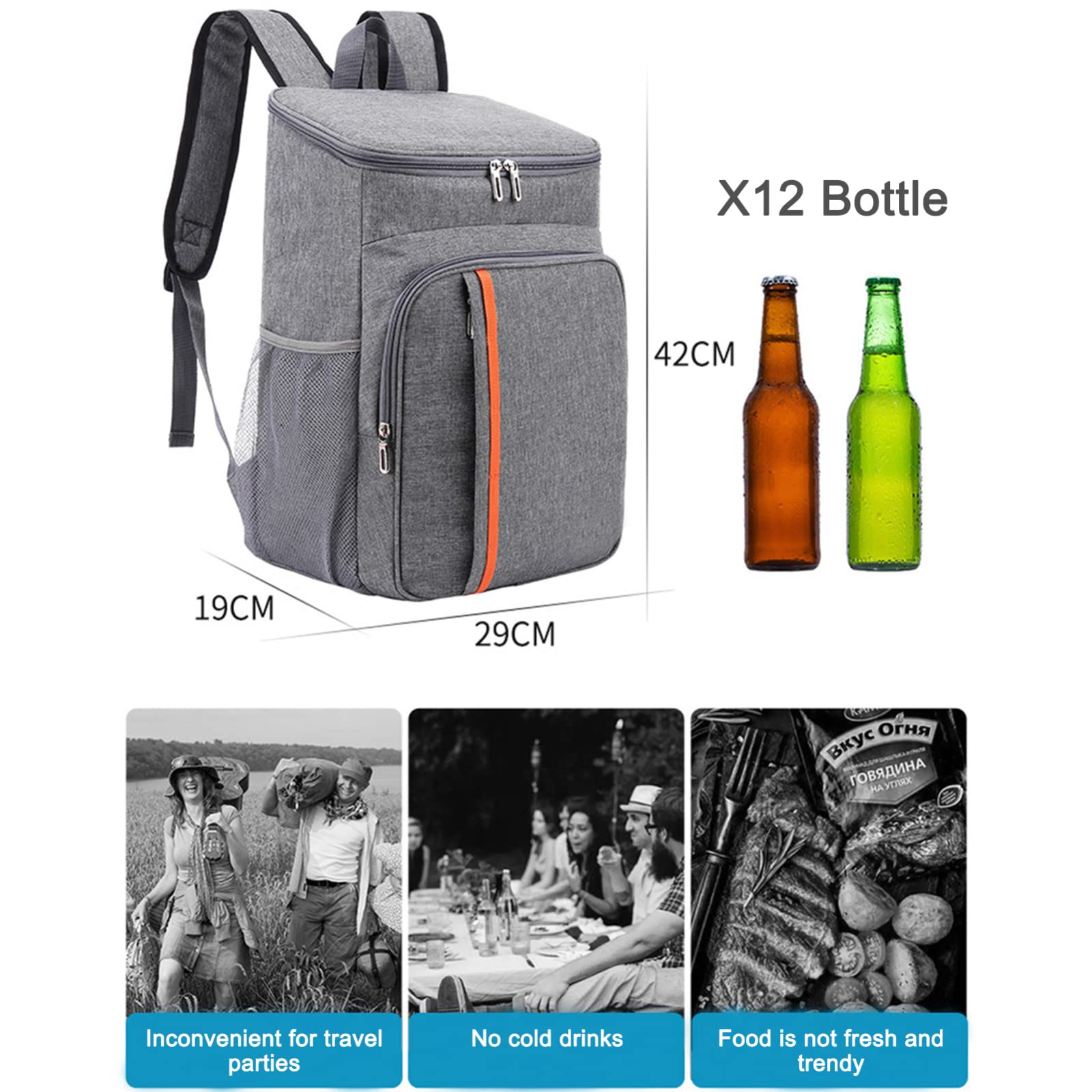 Zaino Termico Isolante da Picnic, Set di cestini da Picnic, per Coppie in Famiglia, Zaino Termico Leggero per Pranzo,Pesca,Escursionismo,Campeggio,Spiaggia,Barbecue(Grigio)
