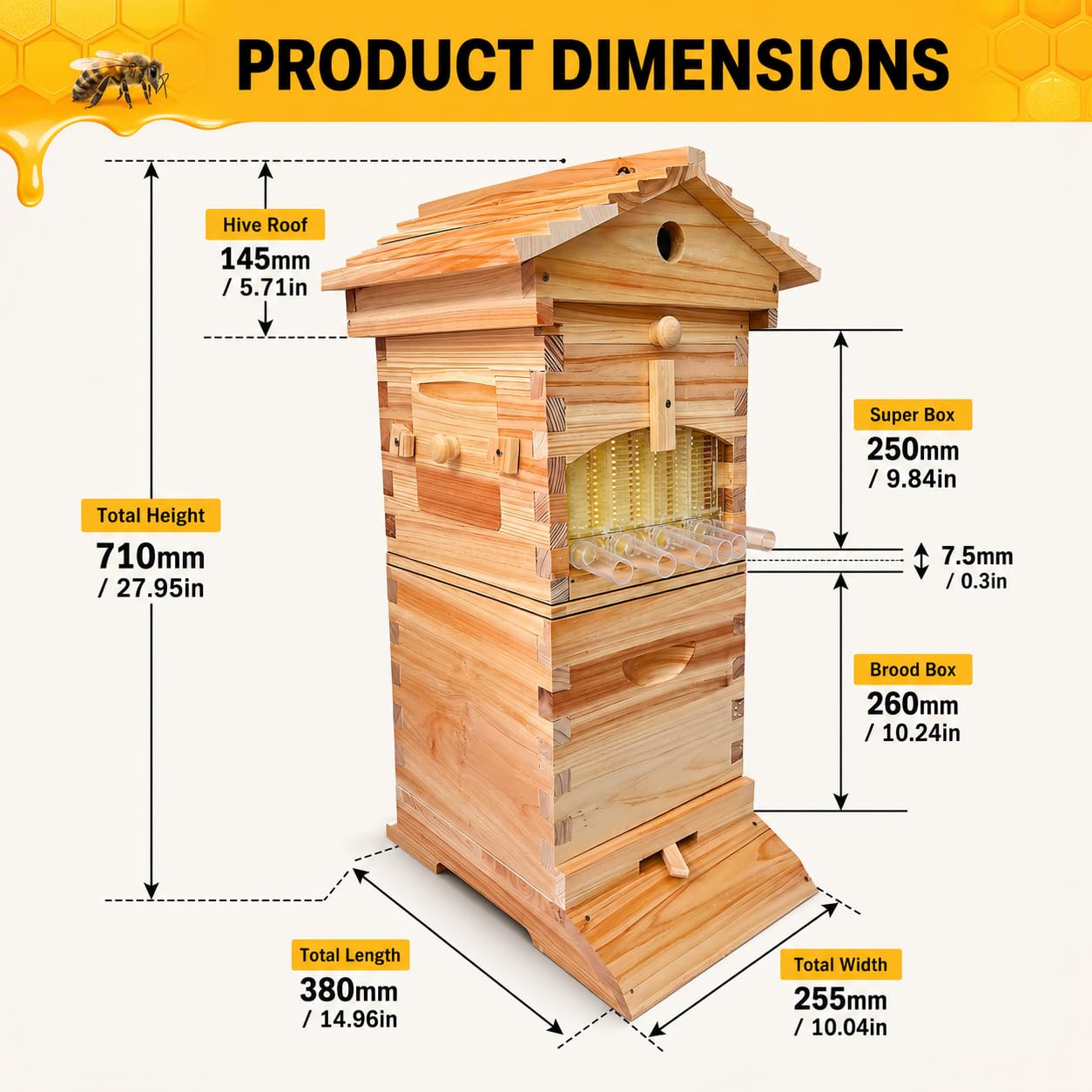 Kit ruche à flux vertical, ruche en bois, 4 cadres et 6 plateaux en nid