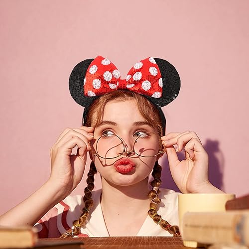 Miniatura 4 de ETLUK Diadema de orejas de ratón, 2 diademas de lazo negro y rojo, diademas clásicas con lazo brillante para mujeres y niñas (lunares rojos y negro)