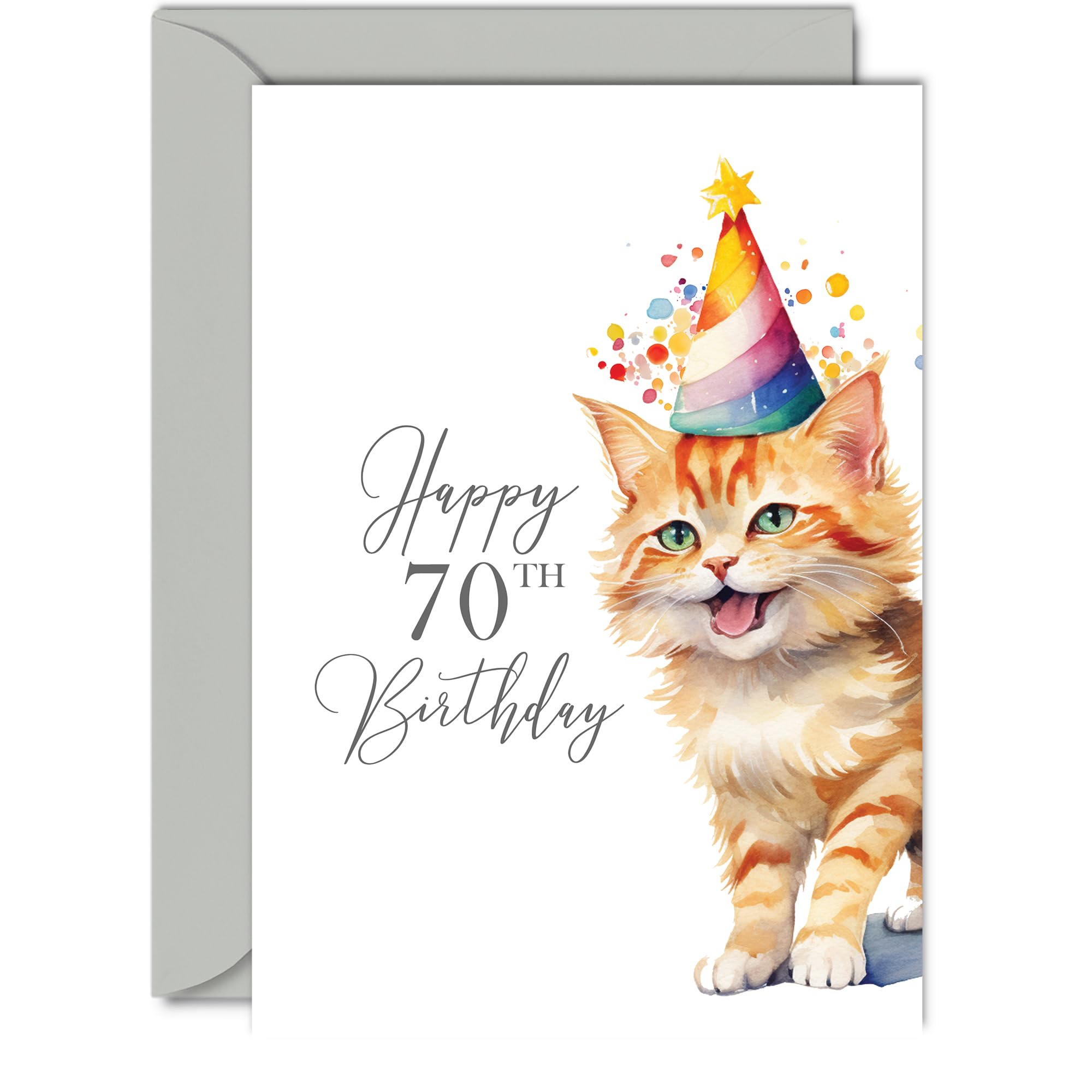 70th Birthday Cards for Men Women - Party Cat Kitten - Happy Birthday Card for 70 Year Old Man Woman Grandad Nan Grandma Dad Mum Uncle Auntie Cousin, A5 Bday Greeting Cards