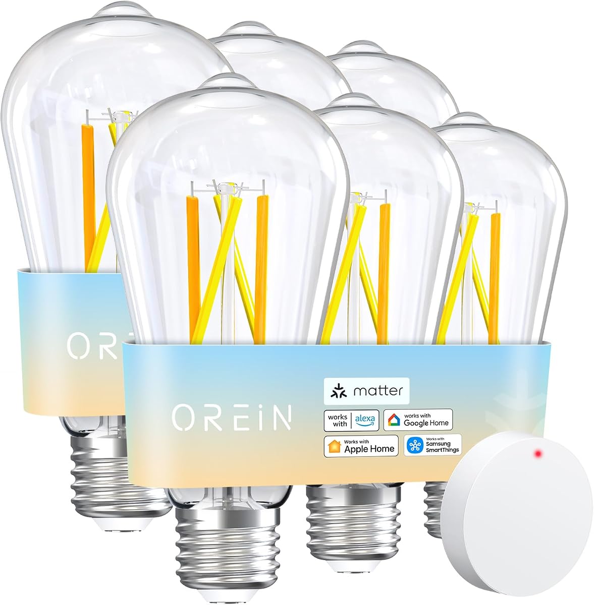 OREiN Matter Smart Edison Bulbs, Work with Alexa/Apple Home/Google | 800lm Dimmable 2700K-6500K Tunable White, 2.4 Ghz Wi-Fi Smart LED Filament Bulb with Remote Control, 60W Equivalent, 6Pack