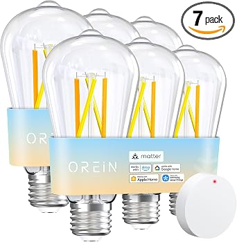 OREiN Matter Smart Edison Bulbs, Work with Alexa/Apple Home/Google | 800lm Dimmable 2700K-6500K Tunable White, 2.4 Ghz Wi-Fi Smart LED Filament Bulb with Remote Control, 60W Equivalent, 6Pack