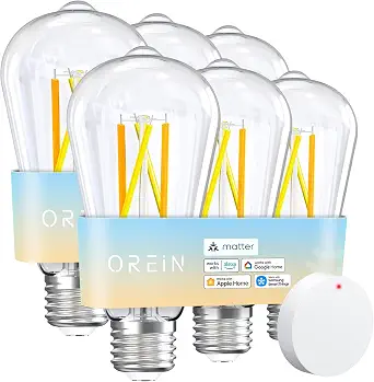OREiN Matter Smart Light Bulb, ST19(58) Smart Edison Bulbs with Remote Control Work with Apple Home, Alexa, Google Home, SmartThings, 800lm 2700K-6500K Smart Filament Bulb E26 Base 6Pack