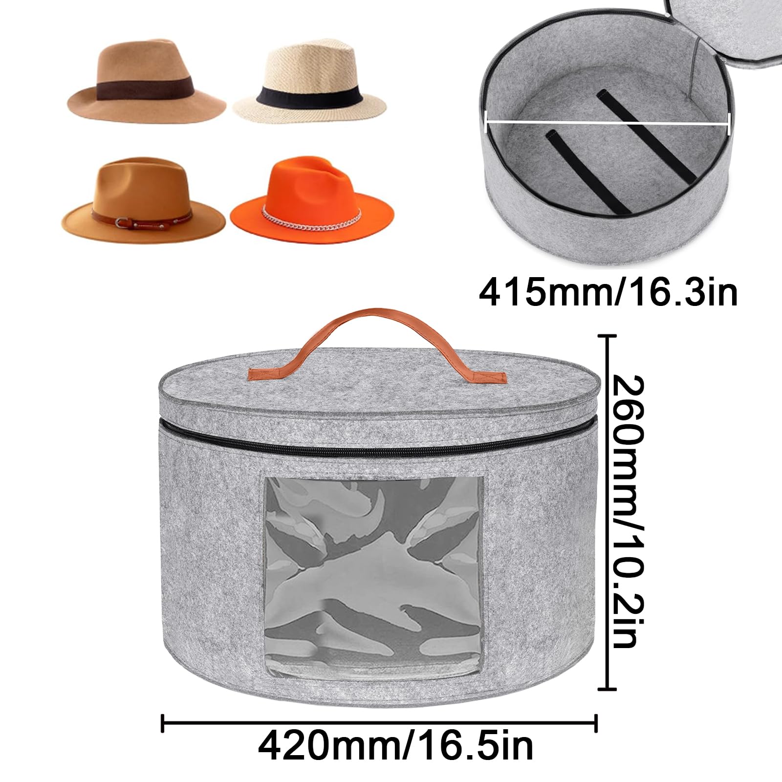Rierousy - Scatola pieghevole per cappelli rotonda in tessuto con coperchio e cerniera, manico in pelle, finestra trasparente, scatola per cappelli - 42 x 25 cm (Grigio chiaro)