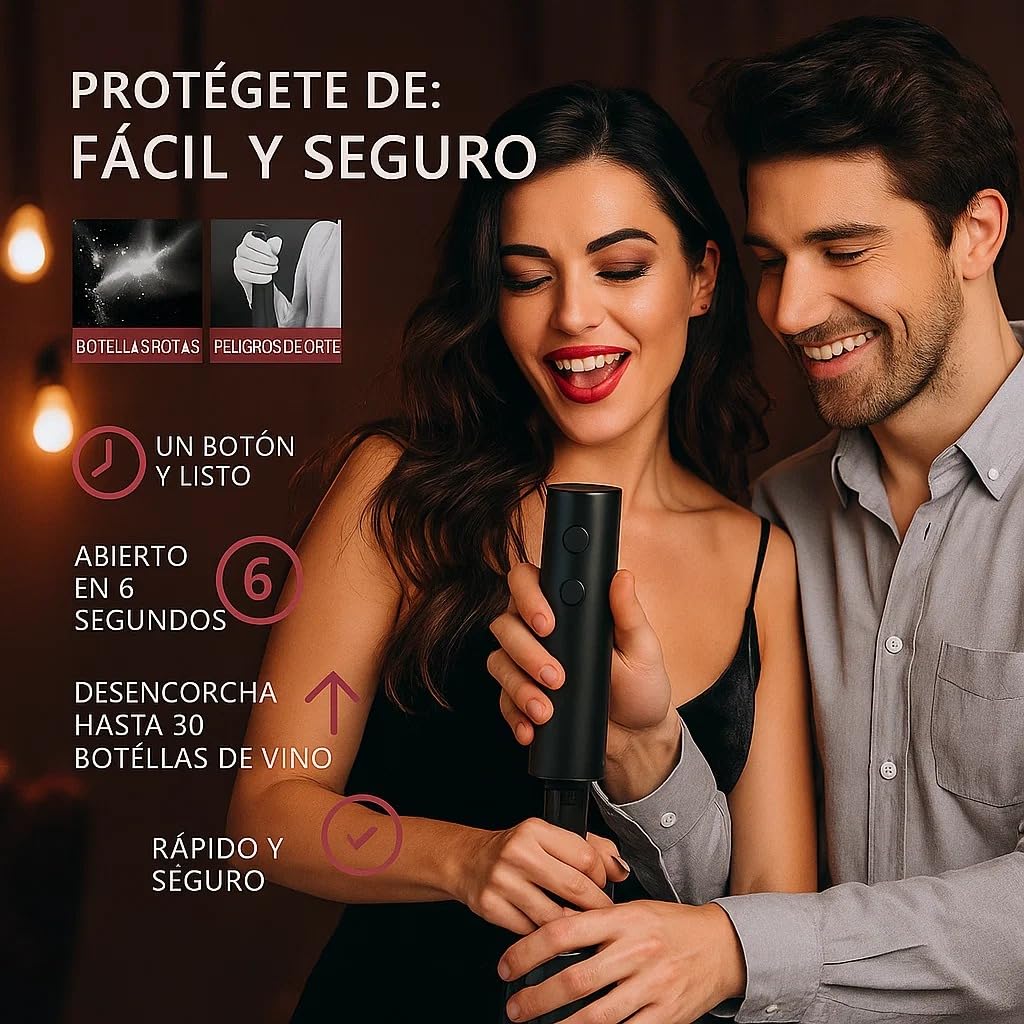 Sacacorchos eléctrico profesional con cortacápsulas, aireador y vertedor, Abridor de vino con base elegante, Regalos originales para hombre cumpleaños, Navidad o San Valentín, funciona con 4 pilas AA