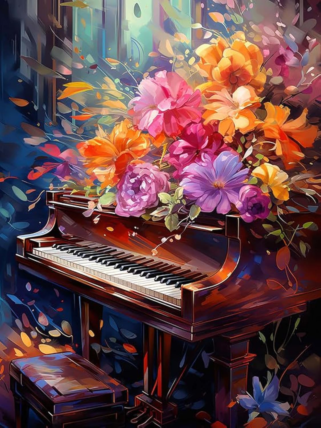 Zariocy 5D Diamond Art Kits for Adults Piano, DIY Diamond Painting Art Flowers Round Full Drill Crystal Diamond Embroidery Paintings Arts Craft for Home Office Wall Decor 12x16 inch