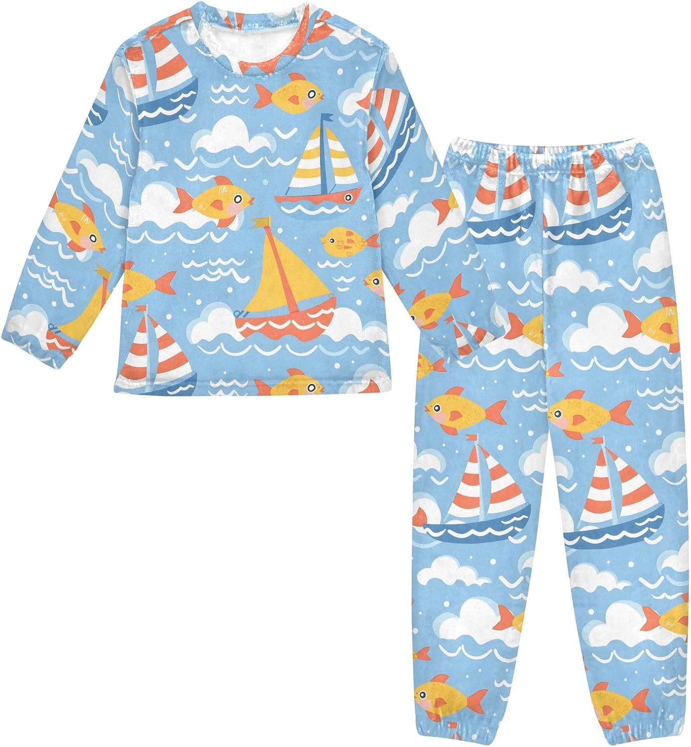 Kids Flannel Sets Boat Fish and Cloud Warm Plush Relaxed Clothing for Boys and Girls