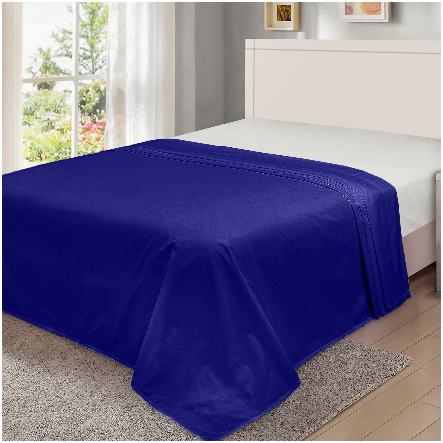 Soft Hotel Quality Bedding, Wrinkle Free Polycotton Flat Sheet Skin Friendly Bedsheet, Comfy Plain Dyed Bed Sheets, Royal Blue