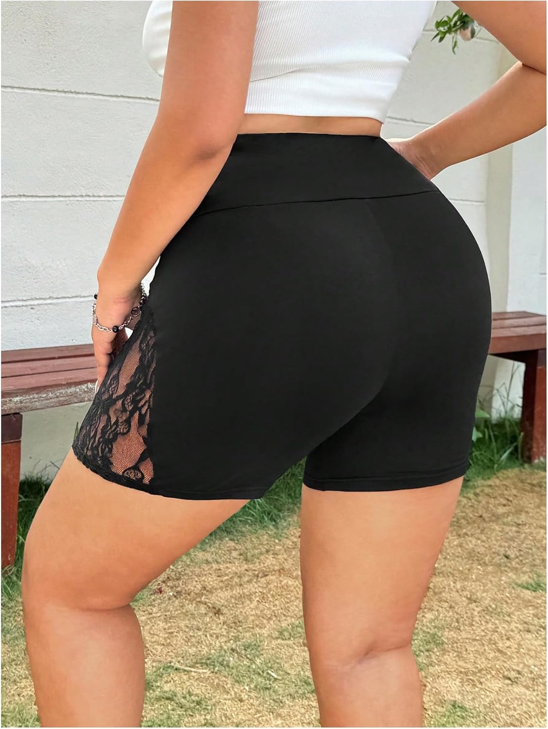 Verdusa Women's Plus Size Legging Shorts Lace Stretchy Leggings High Waist Skinny Shorts