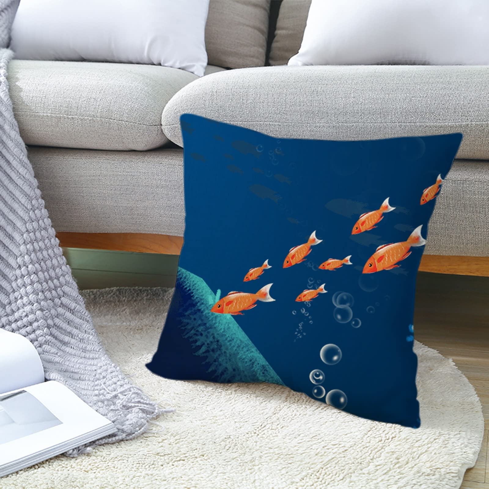 4 fundas de almohada de 50 x 50 cm, color azul oscuro, mundo submarino, estampado de burbujas, lino