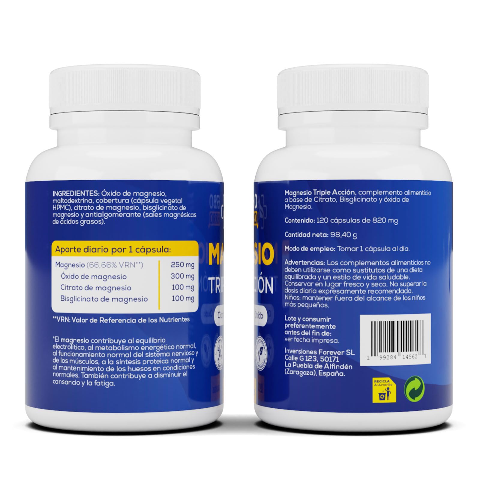 Magnesio Complex - Citrato, Bisglicinato y Óxido de Magnesio Triple - Alta Absorción - Reduce Cansancio y Fatiga, Alivia Dolor Articulaciones y Músculos – Favorece la Síntesis de Colágeno 120 cápsulas
