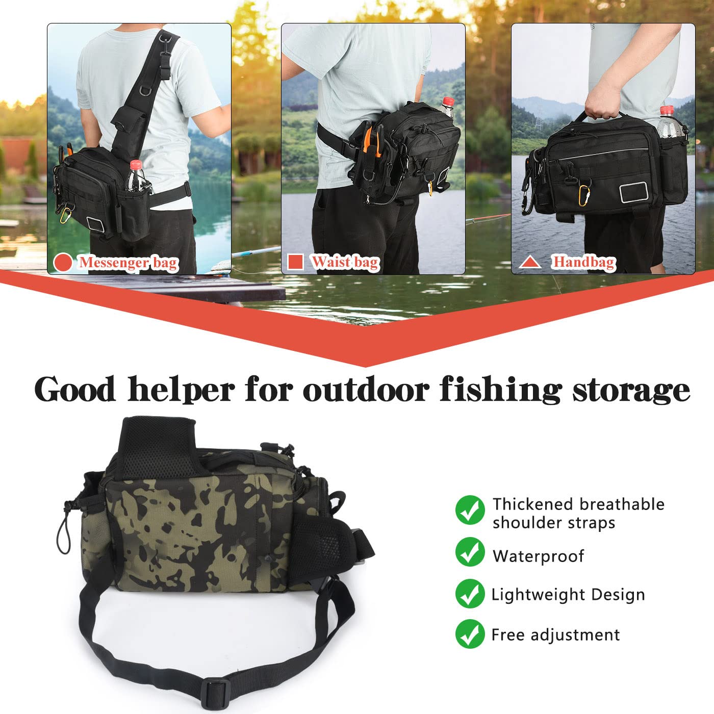 Borsa da pesca Sling Borsa impermeabile resistente Zaino per accessori da pesca con 4-moschettone
