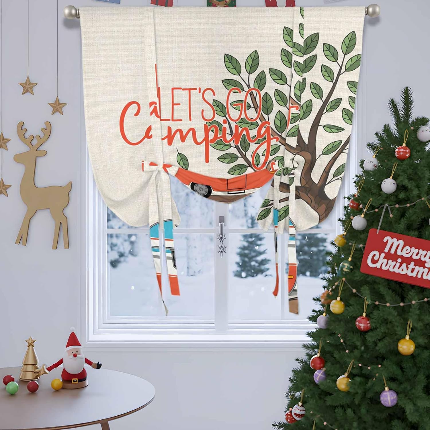 Let's Go Camping Tie Up Curtains for Windows 63 Inch Length Balloon Curtains Kitchen Adjustable Balloon Window Shade Modern Camper Van Trees Burlap Rustic Tie Up Bathroom Curtain Window 46"x63"