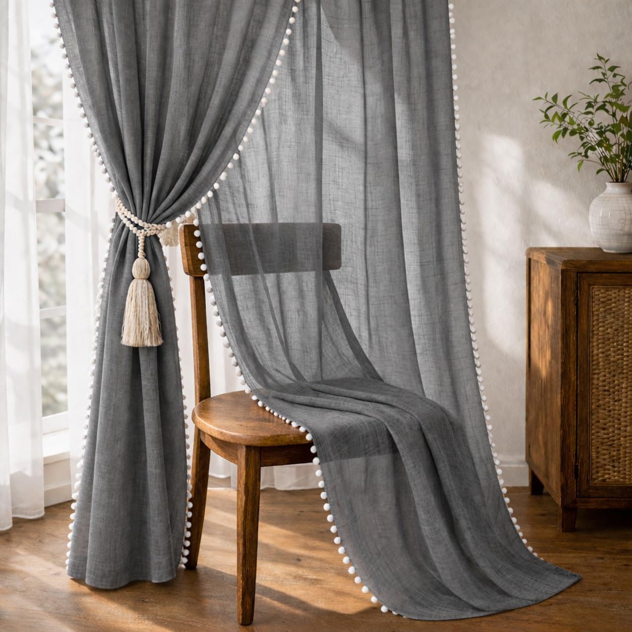 THE LINEN COMPANY Sheer Curtains Cotton Curtains with Pom Pom Lace Rod Pocket Window Curtains Light Filtering Transparent Net Curtains for Window Curtains Light Grey 7 Ft Pack of 2