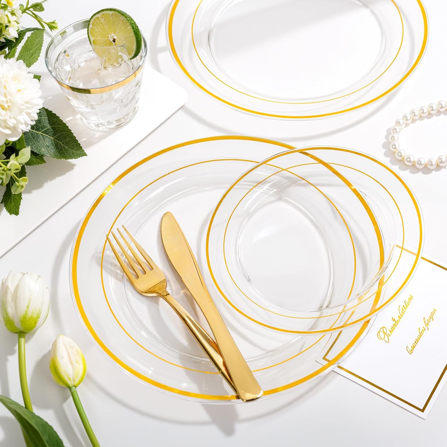 bUCLA 600PCS Clear Plates with Gold Trim - Clear Gold Dinnerware Set Disposable Include 100 Dinner/100 Dessert Plates, 100 Knives, 100 Forks, 100 Spoons, 100 Cups for Wedding, Party - Image 7