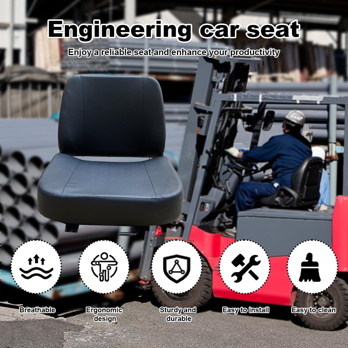 Universal Forklift Seat Tractor Seat with Adjustable Slide Track and Tool Bag, For Excavator Skid Loader Backhoe Dozer Telehandler