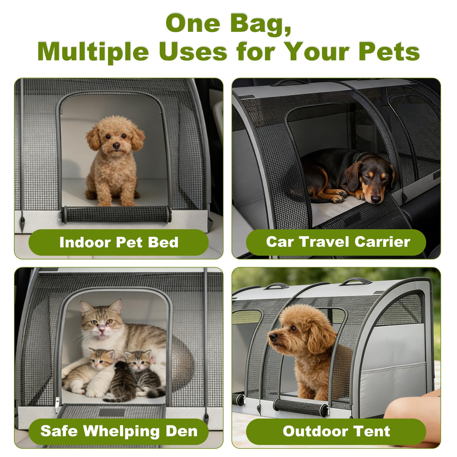Bolsa de transporte plegable para perros pequeños/medianos, transportador de gatos de doble puerta, asiento de coche transpirable y portátil, bolsa de viaje para gatos, 100 x 50 x 50 cm, gran espacio