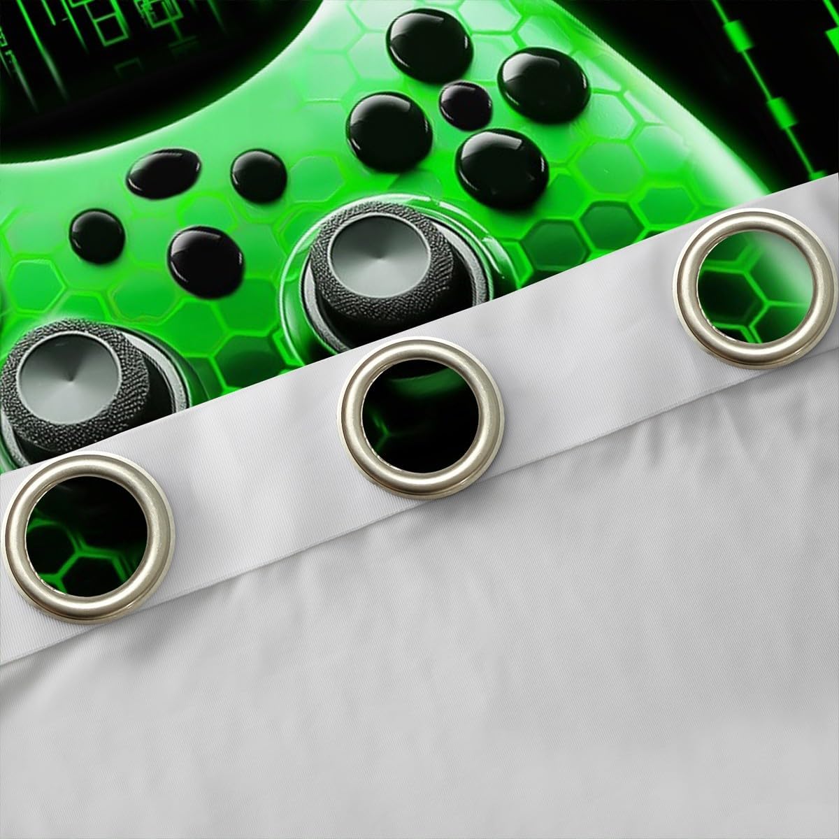 Manfei Gaming Gamepad Kid Blackout Curtain,3D Neon Lights Geometric Window Drapes for Boys Girls,Modern Videogames Gamer Controller Green Fashion Window Treatments Grommet Top 2 Panel Set,52Wx63L inch image 5