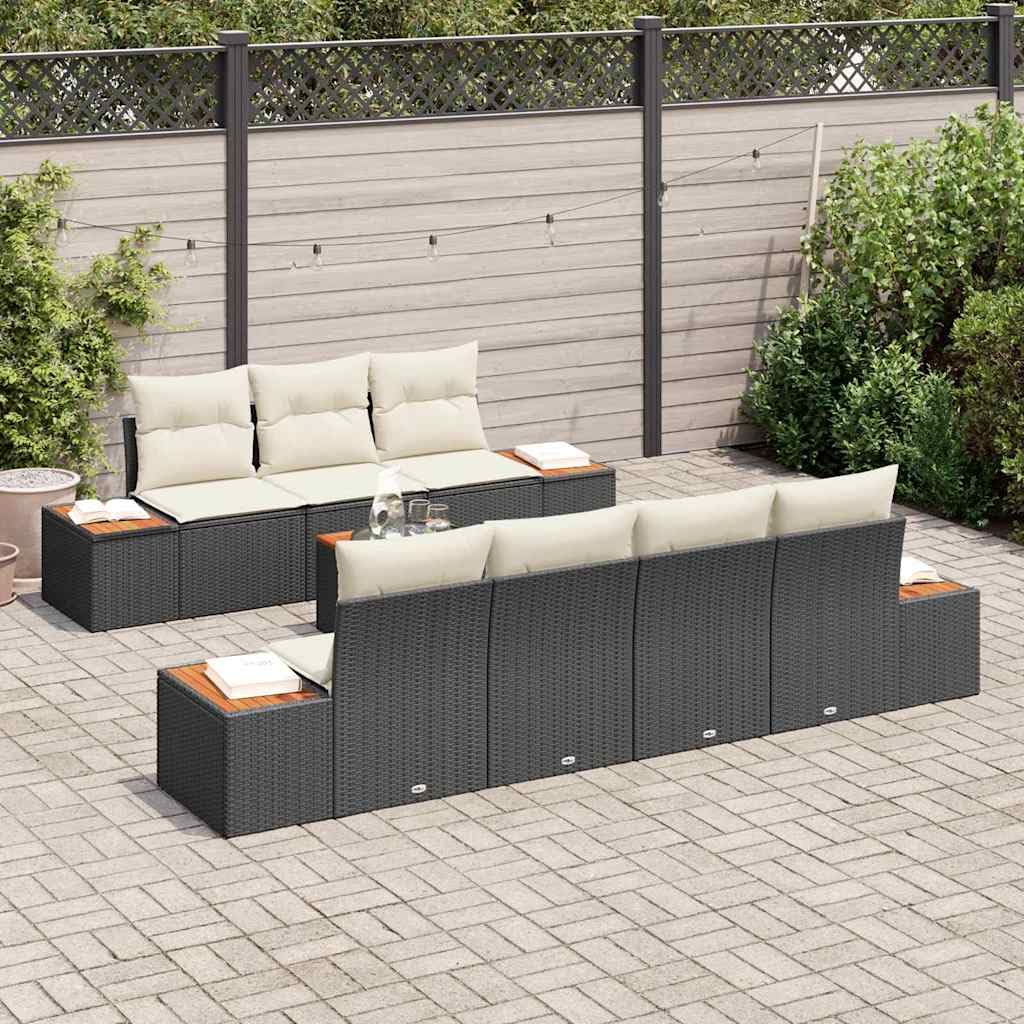 Sofá de jardín modular de polirratán negro con 8 cojines, juego de muebles de exterior con estructura de acero y patas ajustables