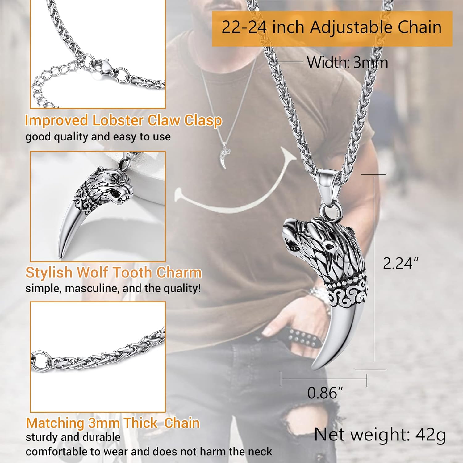 PROSTEEL Vintage Wolf Pendant Necklace for Men, Black/Gold Plated 316L Stainless Steel Masculine Viking Necklace, 22-24 Inch Adjustable, Come with Box