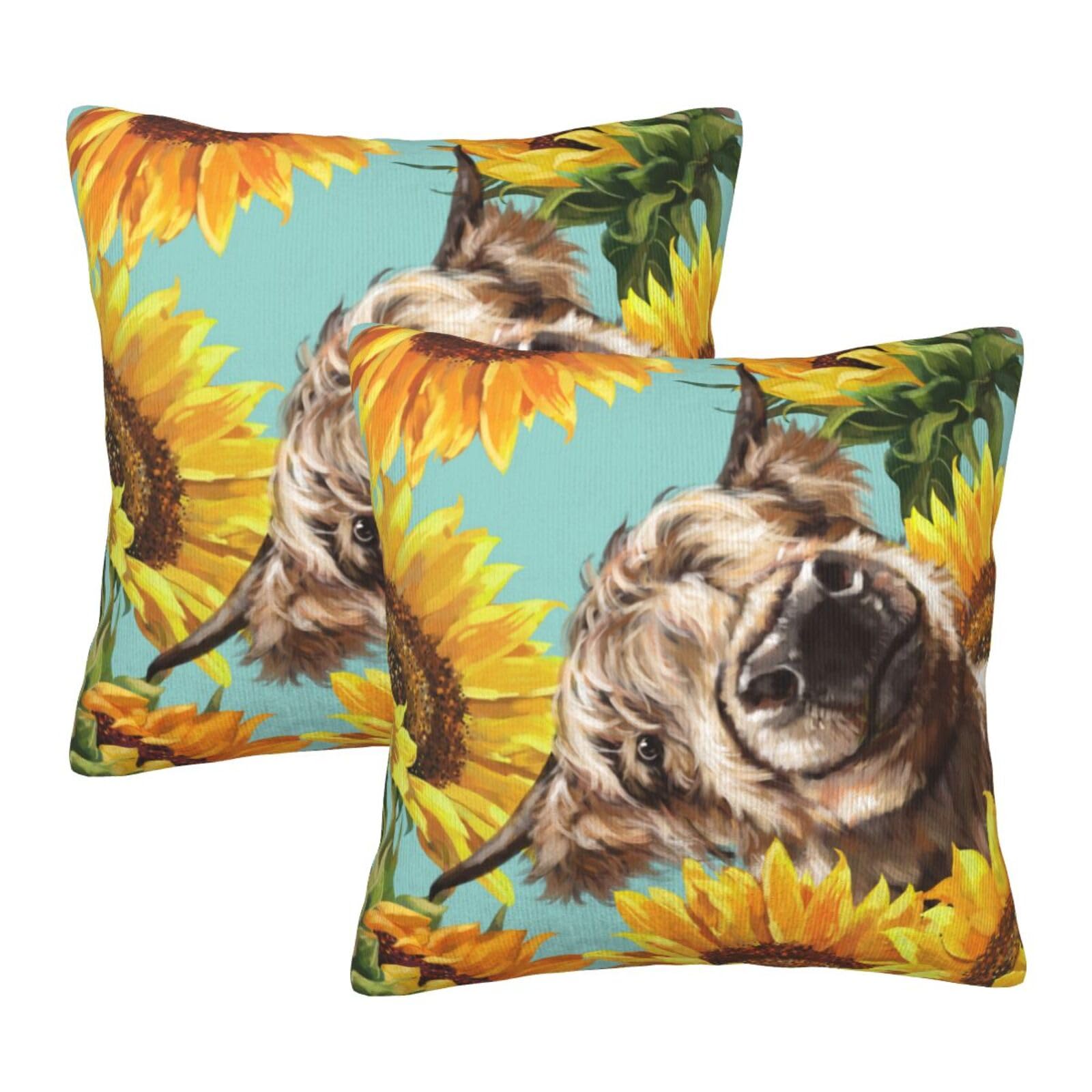 Taies d'oreiller carrées bleu motif vache et tournesols pour une nuit douce et sereine