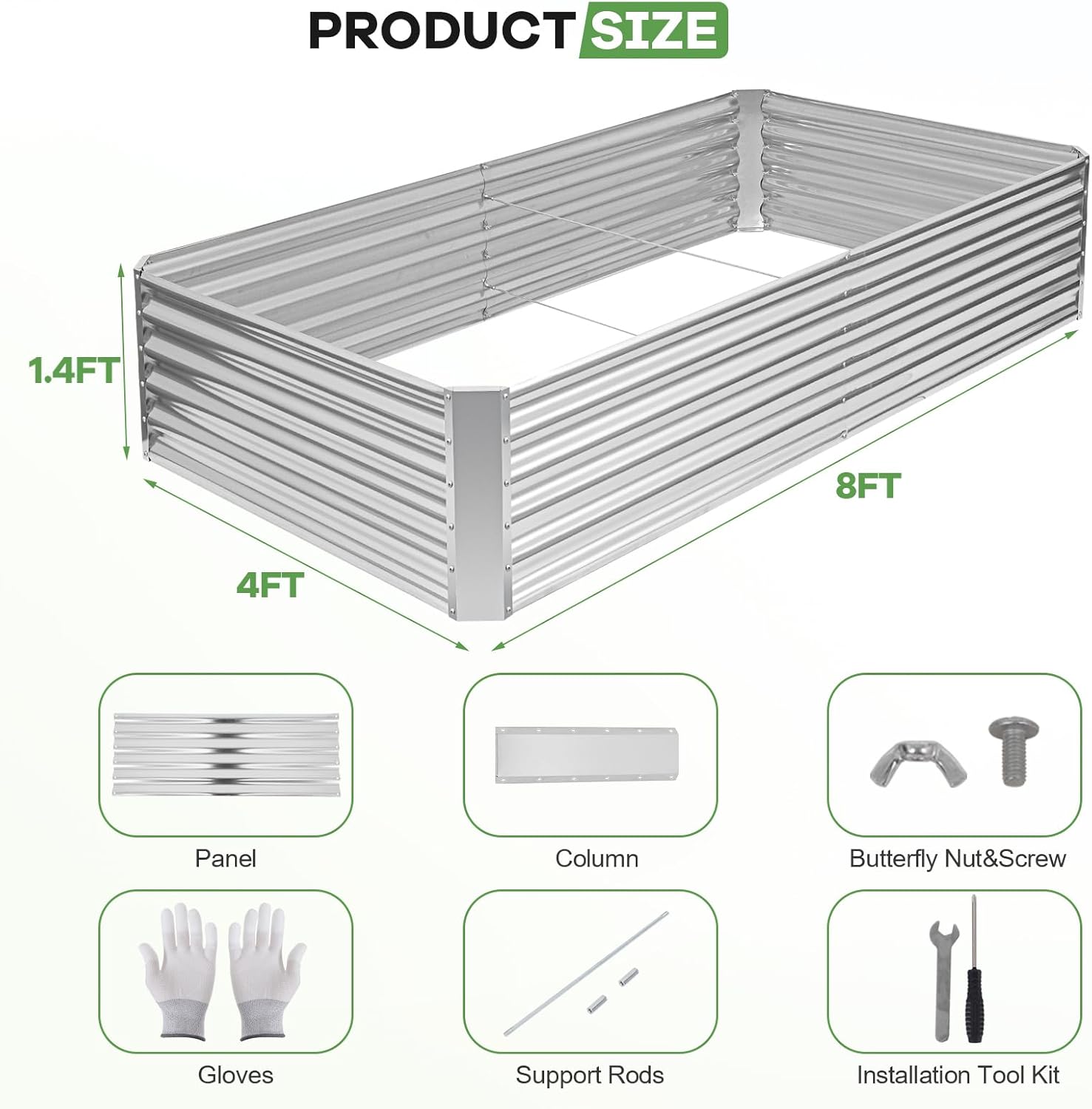 Galvanized Raised Garden Bed Kits, Metal Planter Box Outdoor, 8x4x1.4ft Rectangular Steel Planter Bed for Vegetables, Fruits, Flowers, Herbs(Silver)