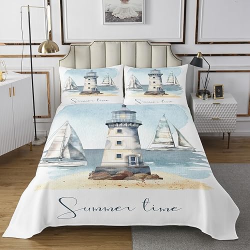 Miniatura 2 de Erosebridal Juego de colcha náutica, juego de cama de barco de vela, juego de ropa de cama con temática oceánica de acuarela, colcha individual de