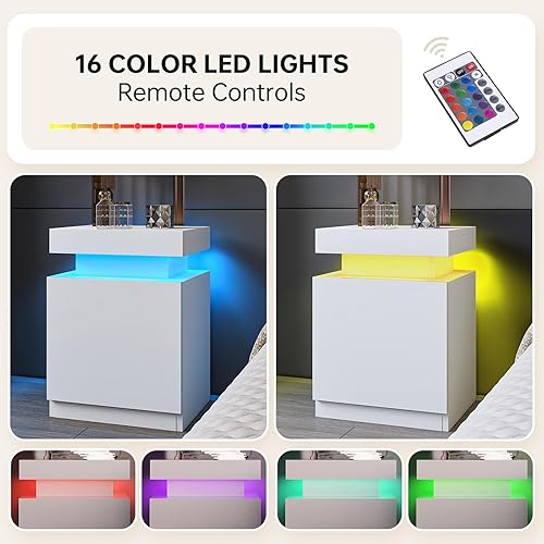 Miniatura 6 de oneinmil Juego de 2 mesitas de noche LED, mesita de noche con armario de almacenamiento para dormitorio, mesita de noche con luces LED, mesa