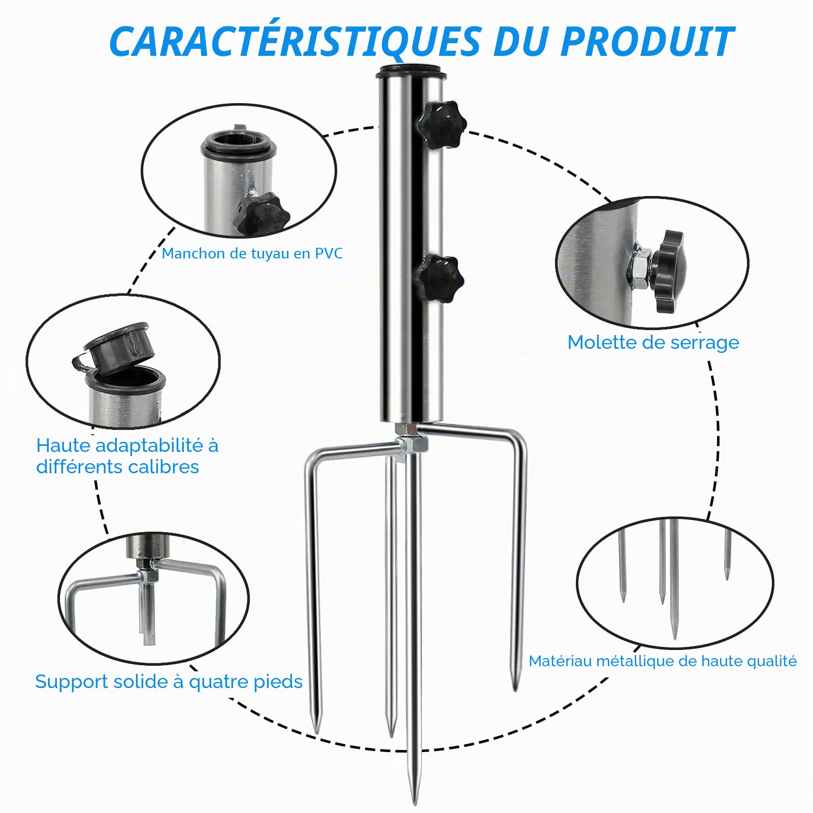 LEcylankEr Support de Parasol avec 4 Piquets Amovible Réglable, Pied de Parasol en Métal Résistant, Fixation de Parasol d'Extérieur, pour Plage/Prairie/Sable