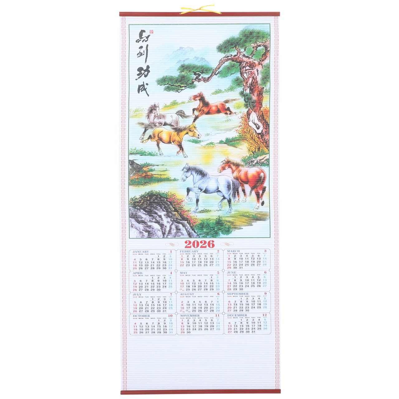 Didiseaon Slim Calendar 2026: Wall Calendar 2026 Lunar Year of the Horse Traditional Chinese New Year Faux Rattan Hanging Wall Scroll for Living Room Home and Office Decoration Blessing Present