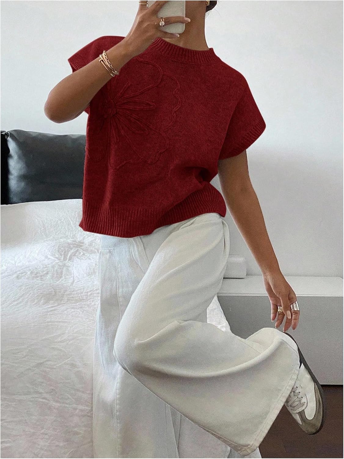 SOLY HUX Women's Short Sleeve Sweater 3D Floral Sweaters Pullover Tank Tops Knit Vest Trendy Fashion Clothing Rust Brown Floral Small - Image 4