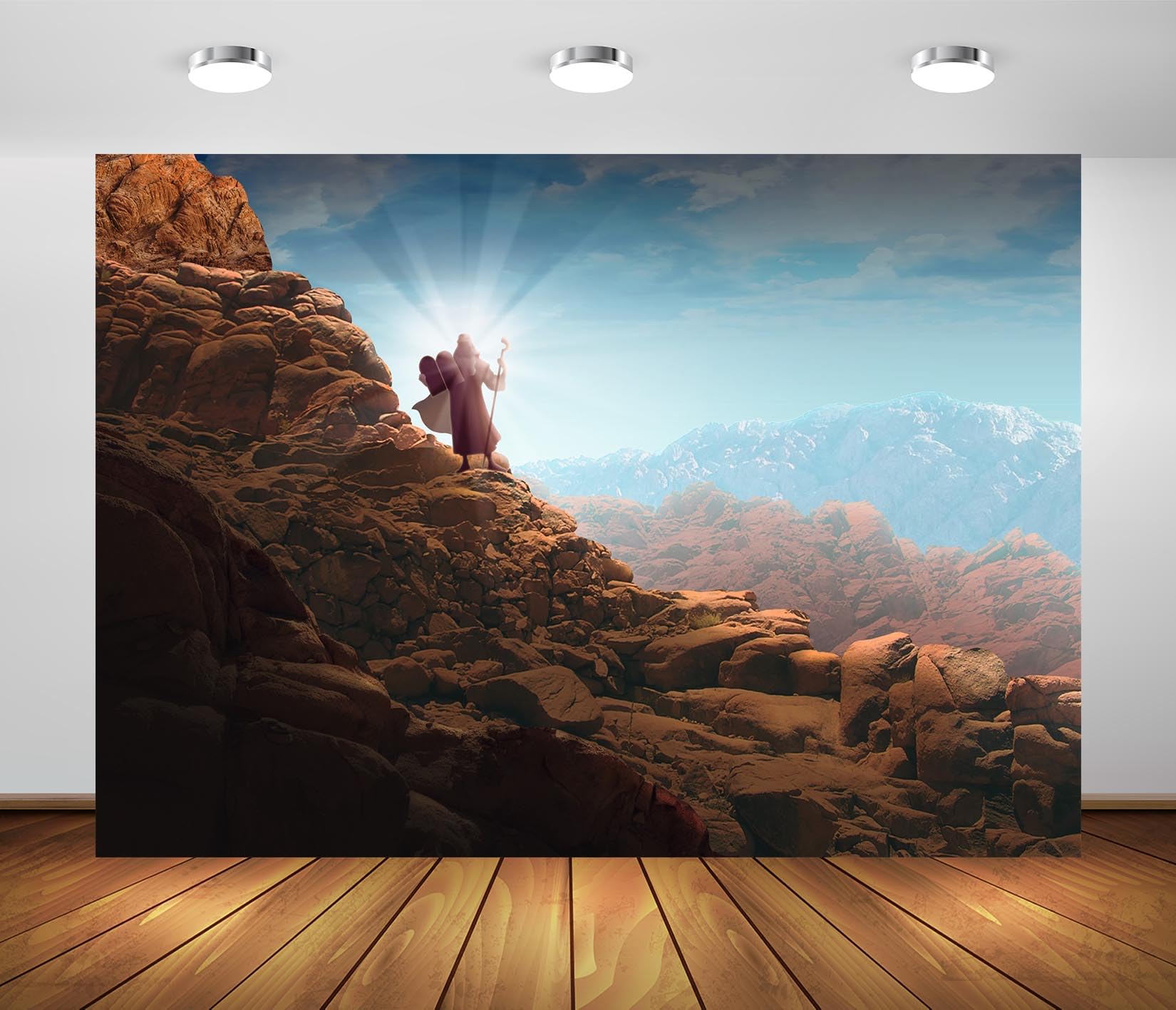 BELECO 8x6ft Fabric Moses Backdrop Moses Holding Ten Commandments Tablets on Mount Sinai Background Biblical Scene Judaism Catholic Christian Church