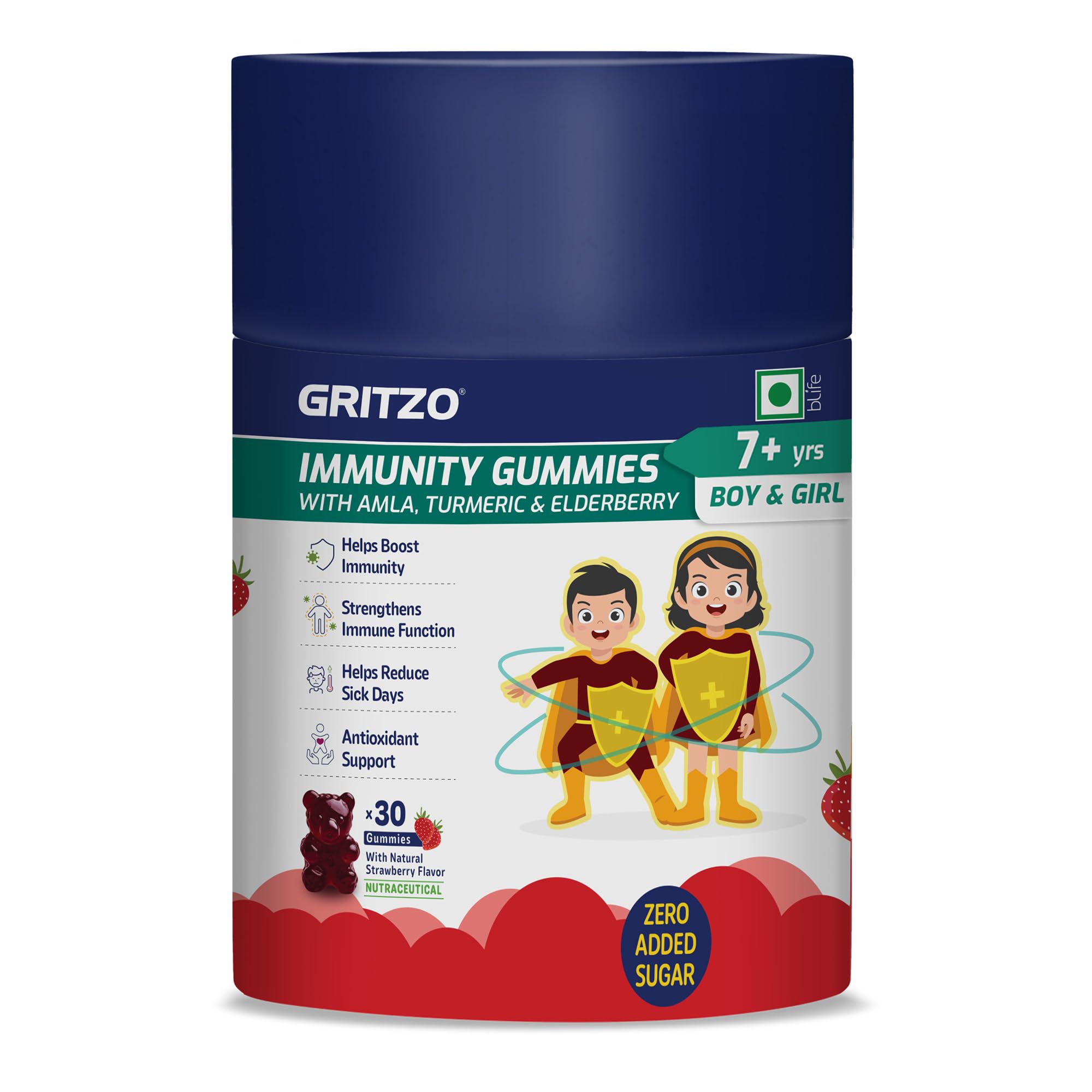 [BRSRYFQCO54GKCL4] Gritzo Immunity Gummies for (7+y Boy & Girl), Strawberry, 30 Gummies