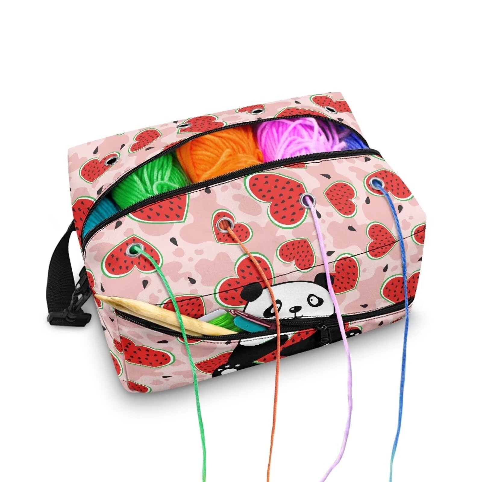 Drnuikhe Cartoon Panda Print Yarn Bag Larger Crochet Bag Travel Yarn Bag with Shoulder Strap, Lightweight Craft Organizers and Storage Fit Knitting Crochet Supplies