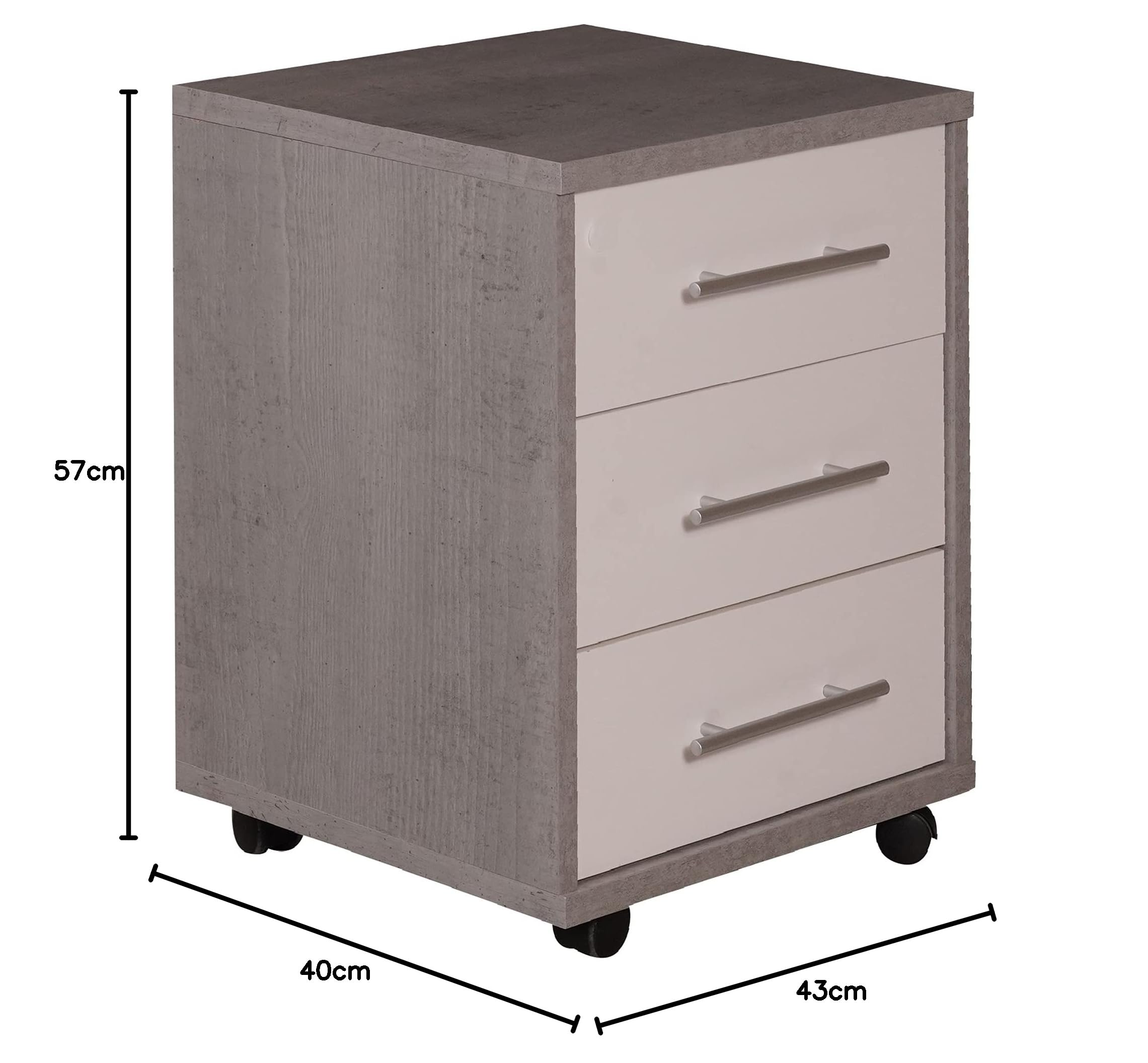Dmora Commode de bureau avec 3 tiroirs sur roulettes, porte-documents, table de chevet de bureau élégante, cm 43x40h57, couleur Ciment et Blanc