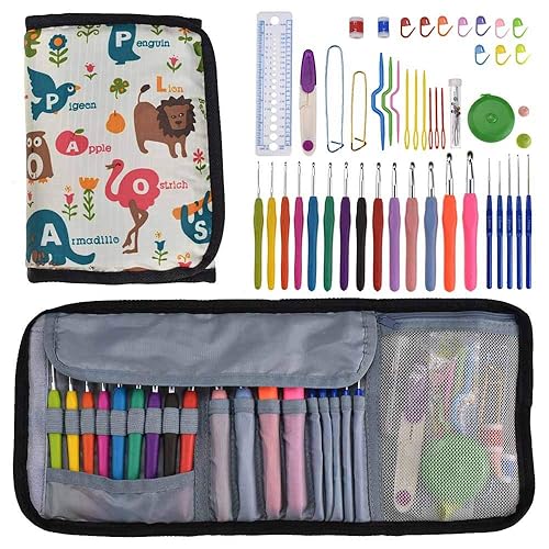 49PCS Crochet Hooks Set with Ergonomic Handles,Aluminium Case Plus Large-Eye Blunt Needles Yarn Knitting, Scissors and Locking Stitch Marke