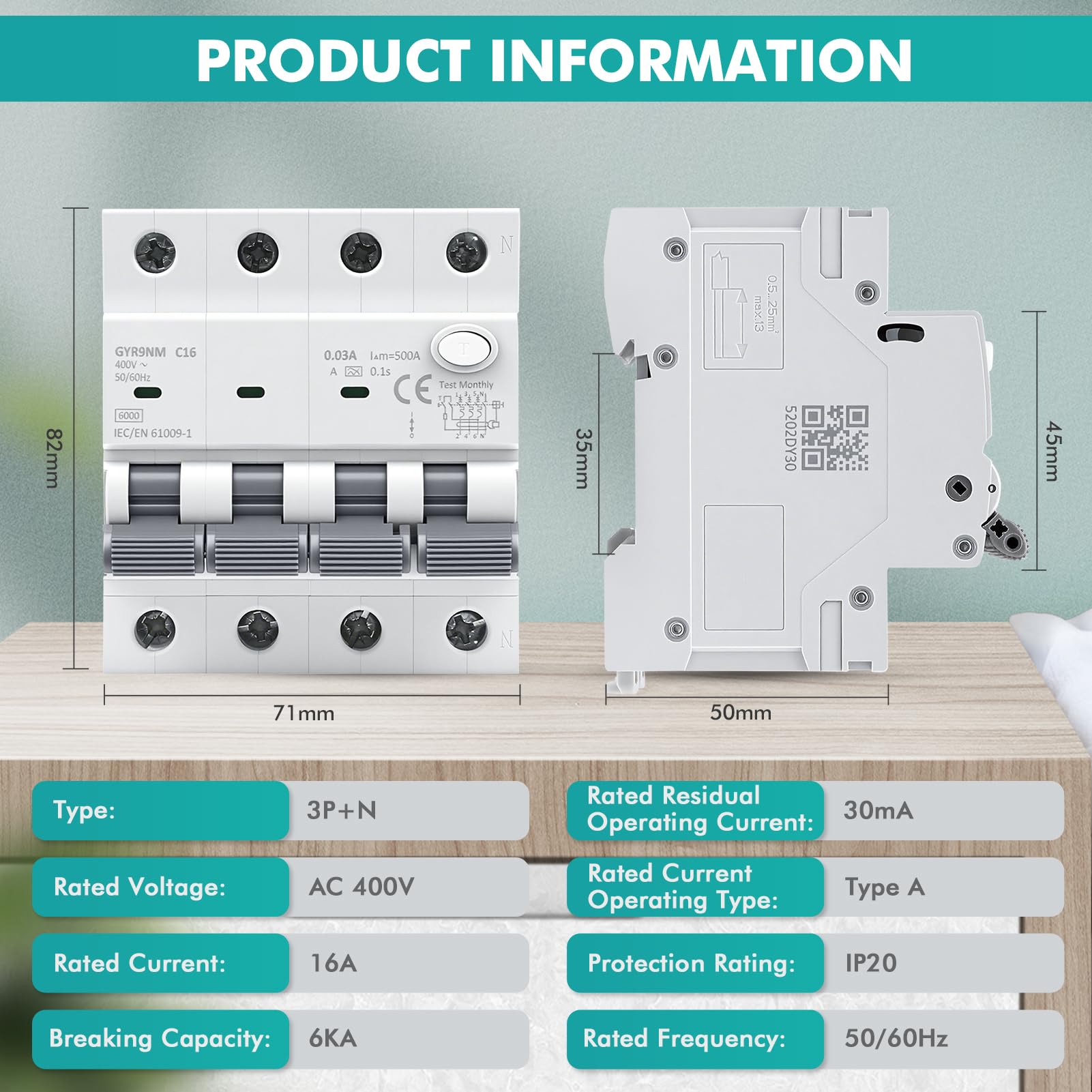 Disjoncteur différentiel 30mA 16A 3P+N type A interrupteur différentiel RCBO 6KA MCB disjoncteurs de courant résiduel AC400V Protection contre les surcharges et les courts circuits GYR9NM