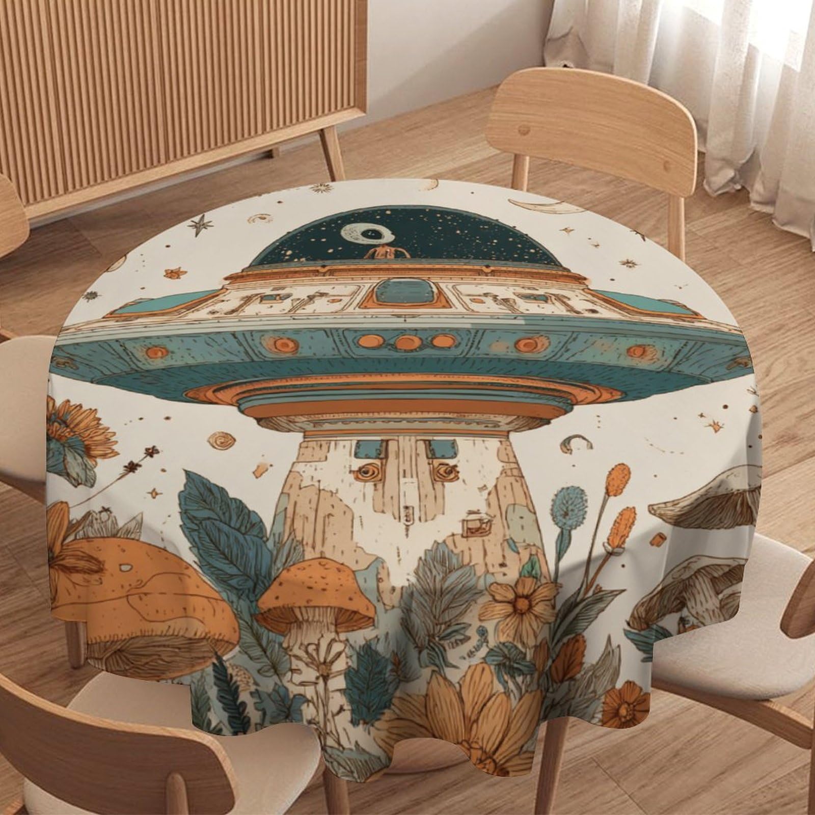 LUYYSKY Classic Cute Alien Spaceship Round Tablecloth Oil Painting Funny Moon Botanical Plants Mushroom Floral Washable Decor for Table Cover for Kitchen-177.8" Wx177.8 L cm