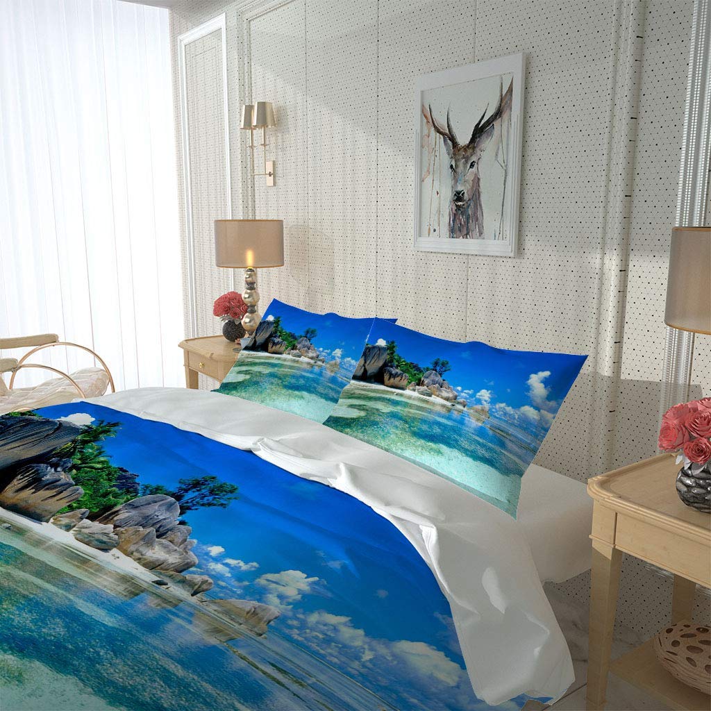 Housse de Couette 240x260 cm Parure de Lit 3D Imprimé Beau Paysage de Bord de mer avec Fermeture Éclair Microfibre Parure Housse Couette avec 2 Taie d'oreiller 65x65 cm